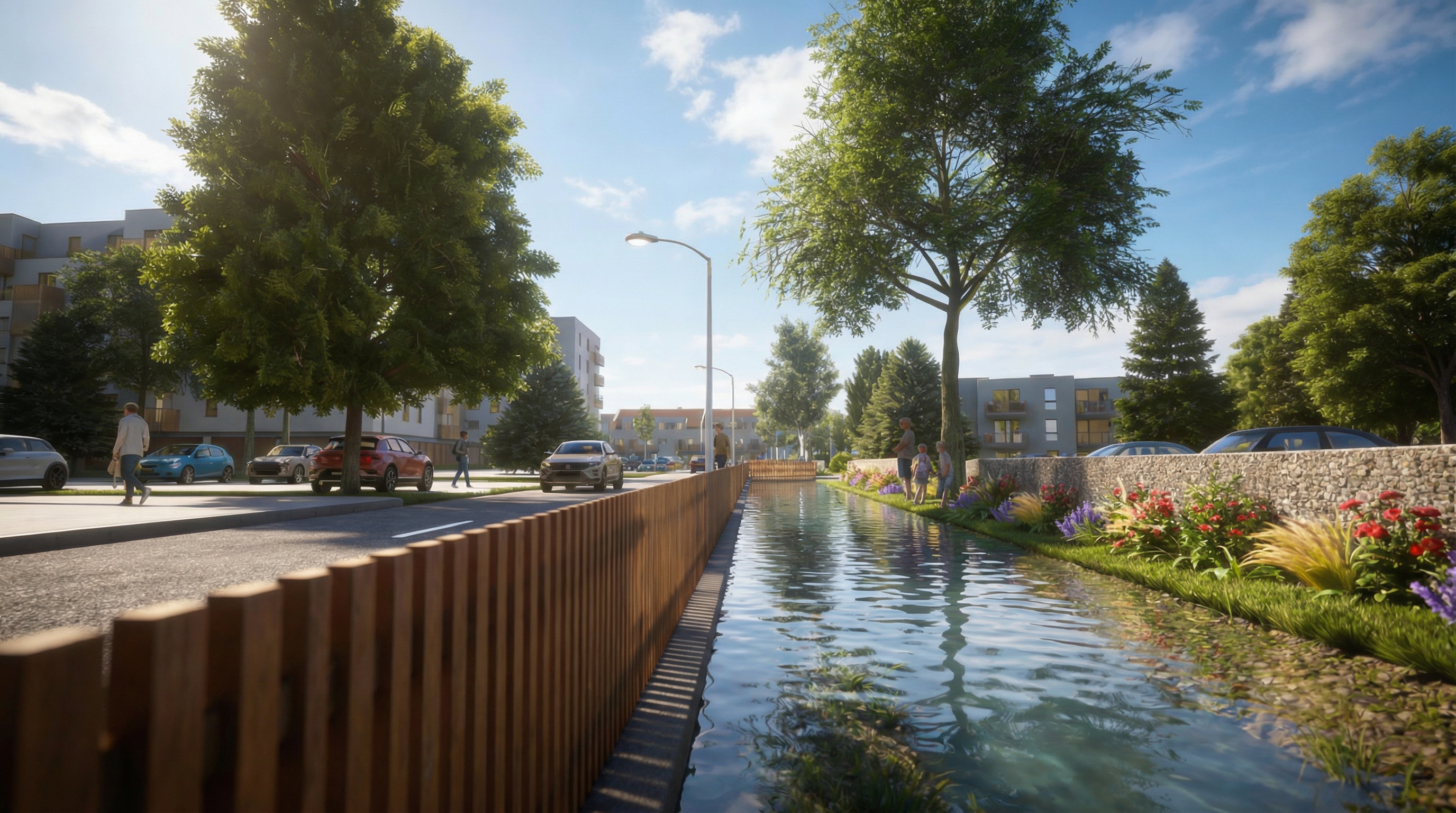 Canal réhabilité du lotissement Terre Ad Vitam – Aménagement paysager par Terre et Développement