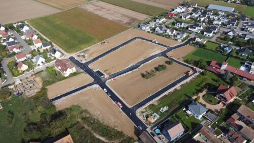 Vue aérienne du lotissement Terre d’Alliance à Bischwihr, en cours d’aménagement par Terre & Développement.
