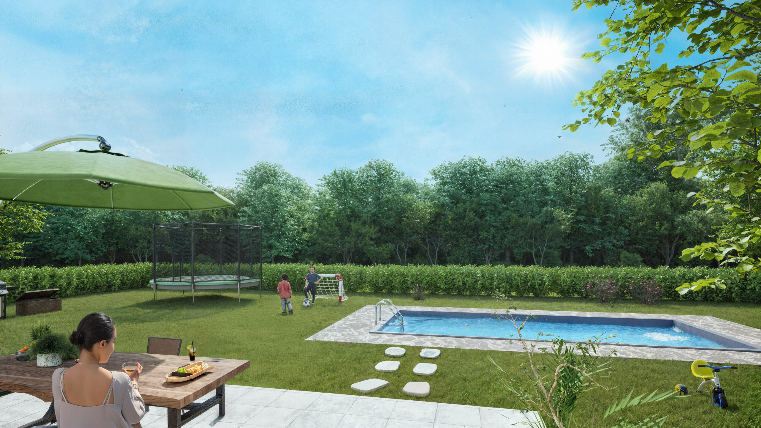 Aménagement extérieur avec piscine, terrasse et espace vert sur terrain à vendre à Bavilliers en lisière de forêt