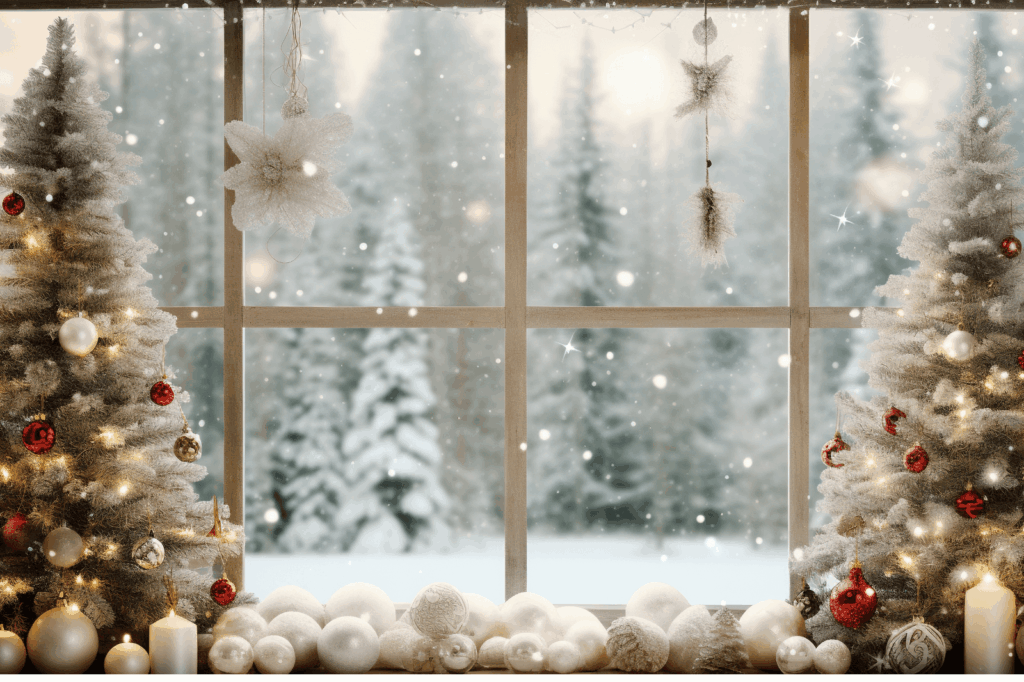 Vue hivernale depuis la fenêtre d’une maison décorée, symbolisant l’invitation de Terre & Développement à imaginer son futur lieu de vie.