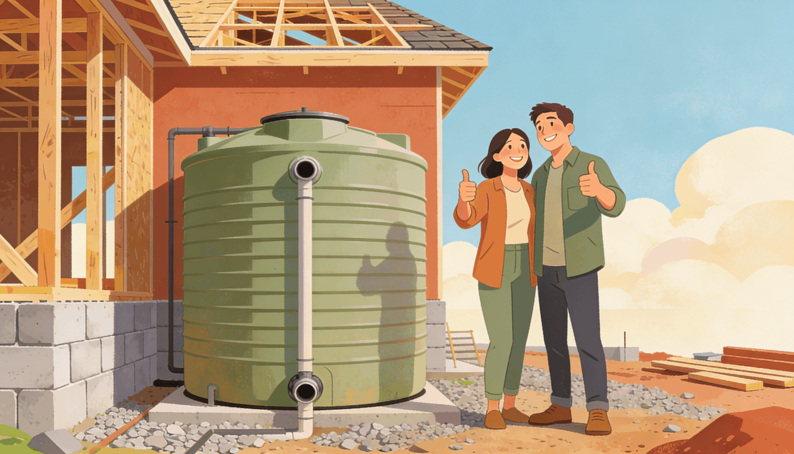 Couple devant une maison en construction avec une cuve de récupération d’eau de pluie installée à l’extérieur, solution écologique proposée par Terre et Développement.