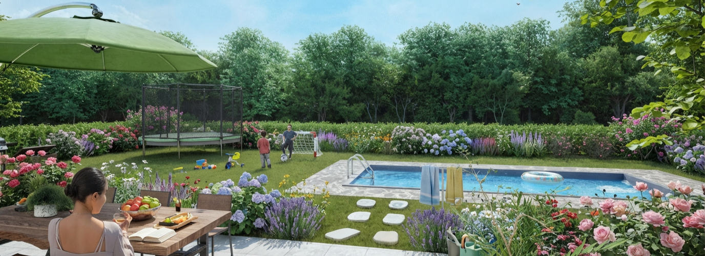 Famille profitant d’un jardin avec piscine dans le lotissement Terre aux Combes Salins à Bavilliers, près de Belfort, aménagé par Terre et Développement.