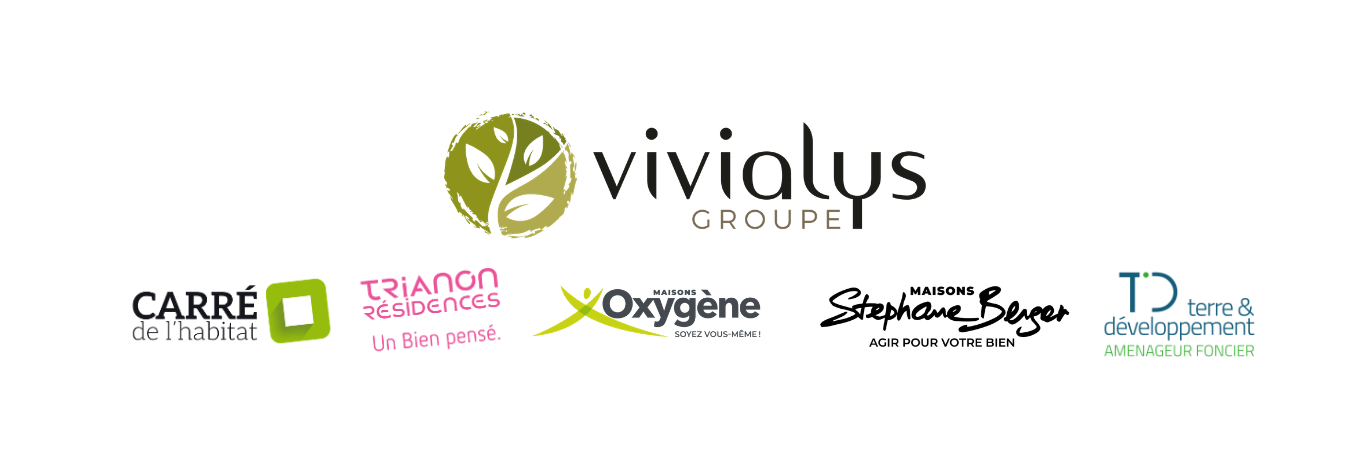 Logos du Groupe Vivialys et de ses filiales : Carré de l’Habitat, Trianon Résidences, Maisons Oxygène, Maisons Stéphane Berger et Terre & Développement, acteurs de l’immobilier en Alsace.
